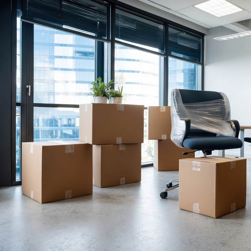 Déménagement entreprise 04 Un bureau avec des cartons fermés et des sièges emballés