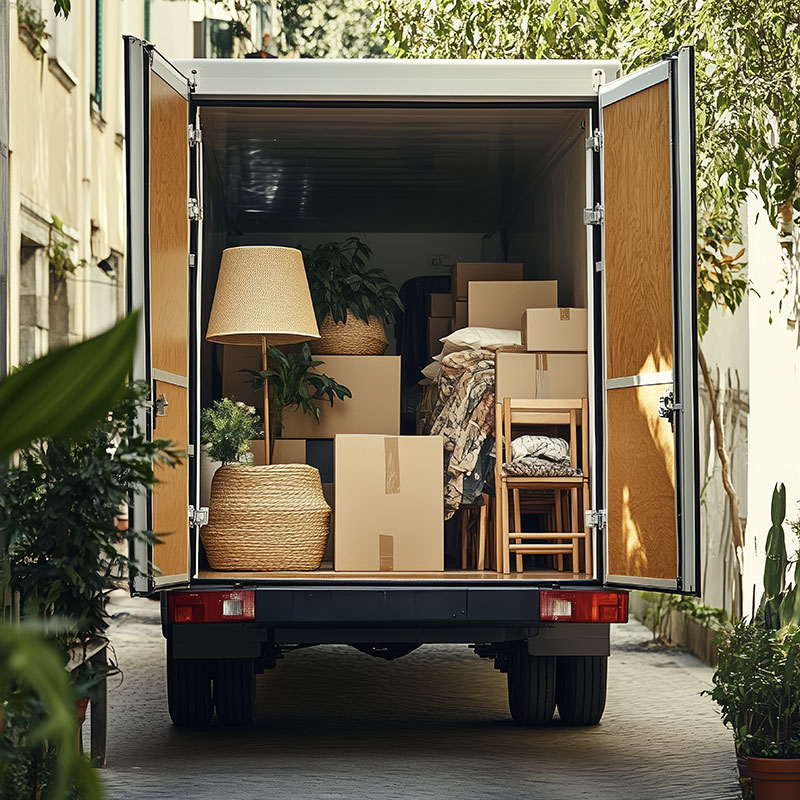 Un camion de déménagement rempli de cartons