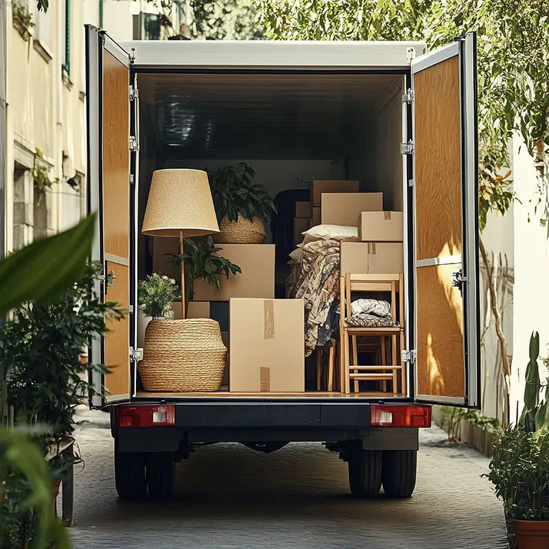 Un camion de d&eacute;m&eacute;nagement rempli de cartons